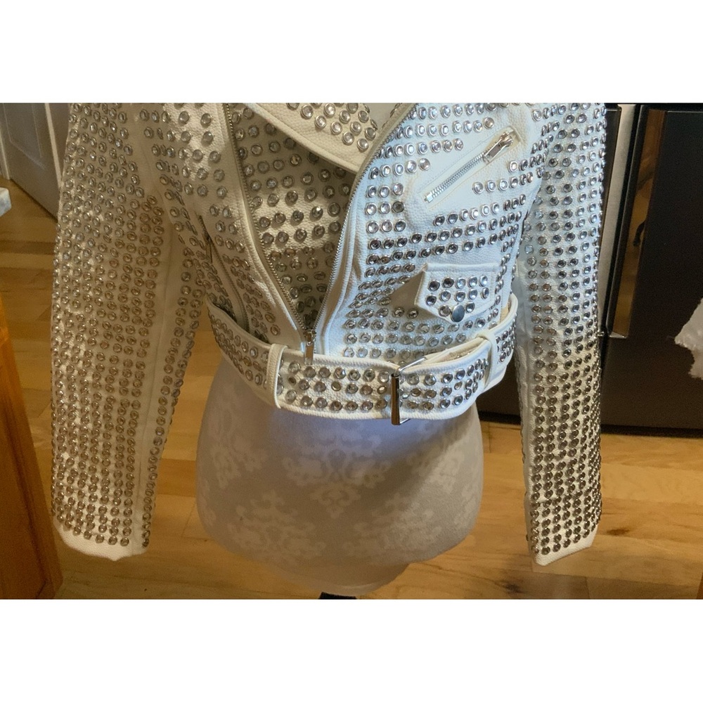 White Leather studded belted half Jacket
